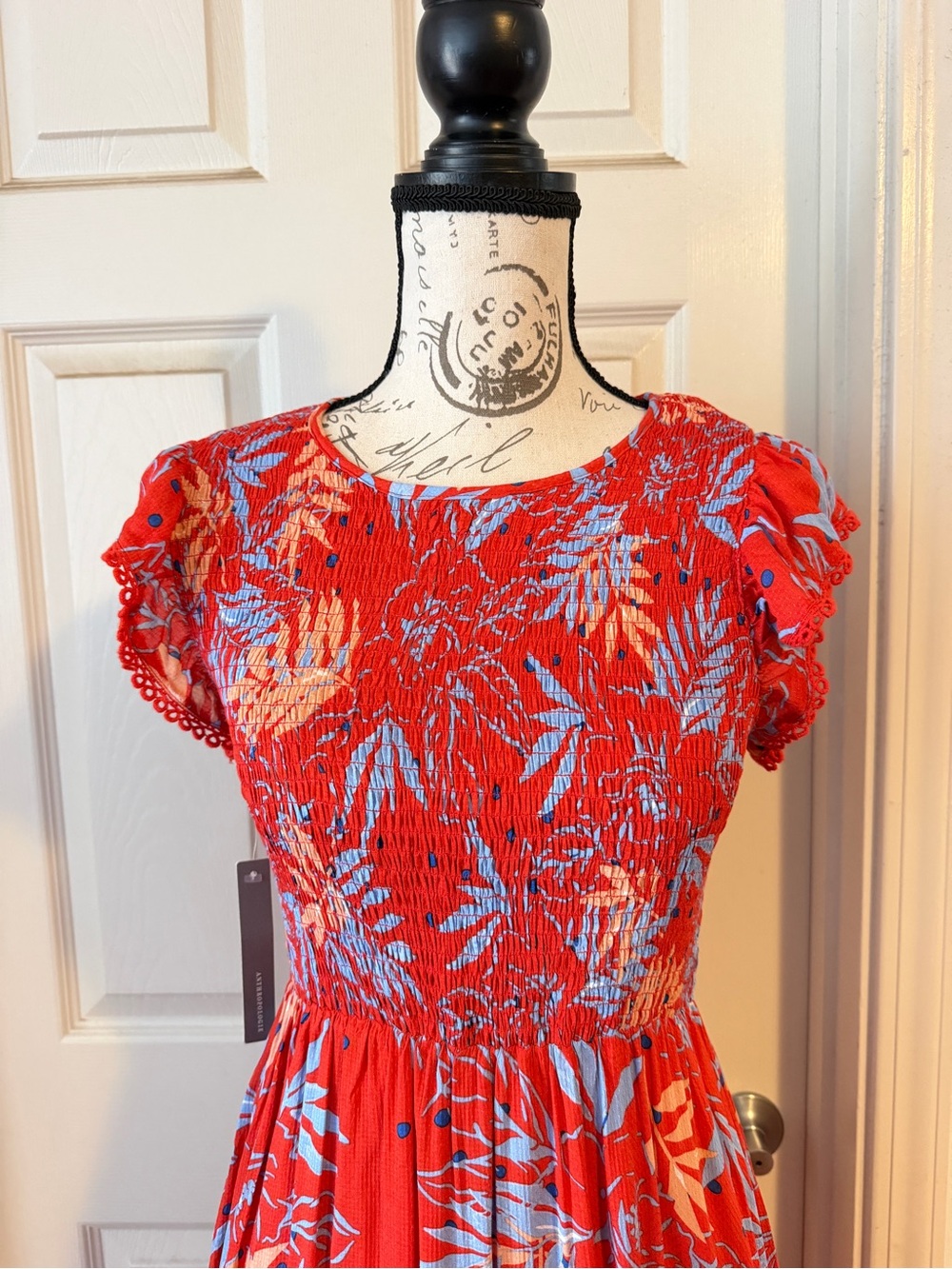 Anthropologie Red Midi Dress with Blue and Cream Leaf Print - Picture 3 of 7